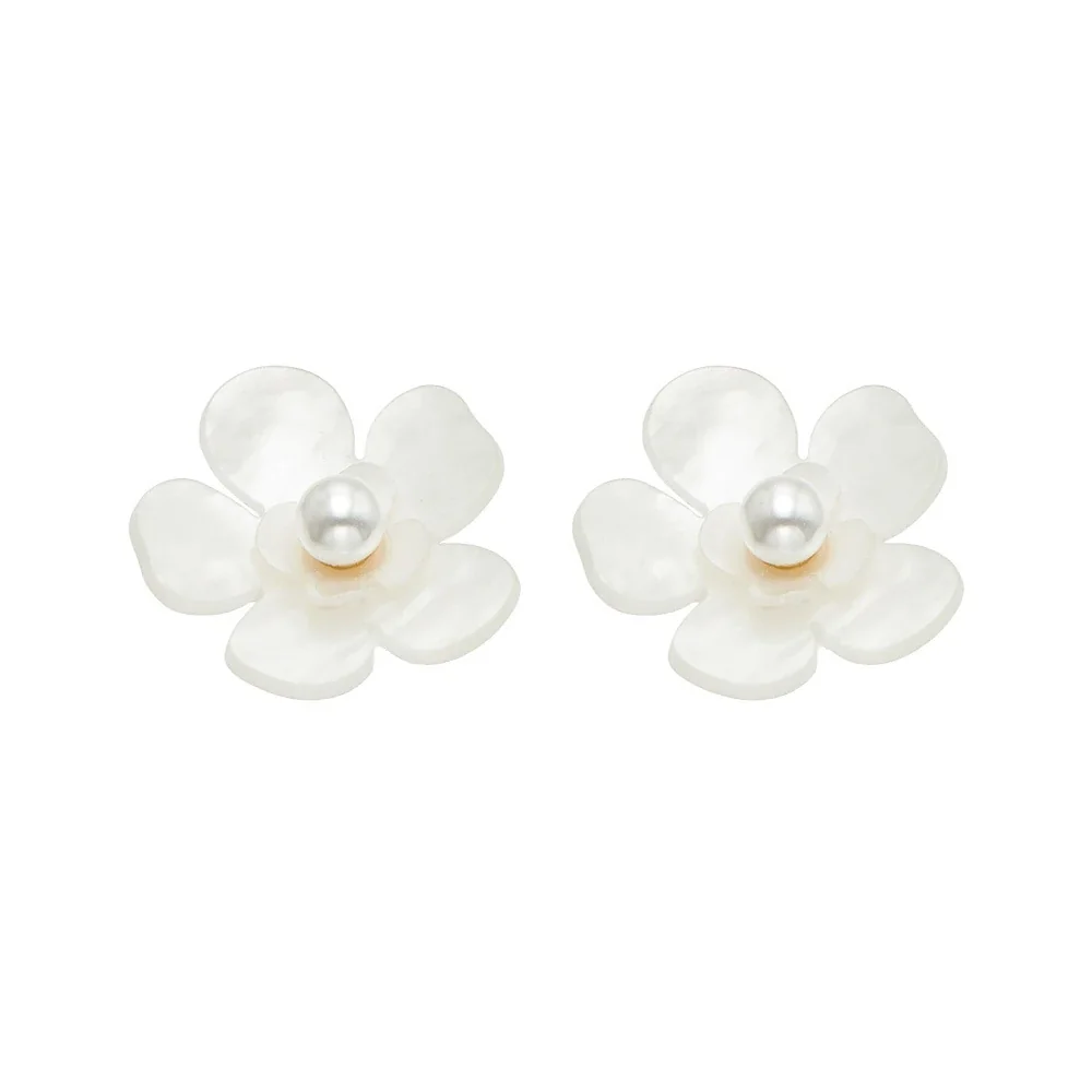 Translucent Resin Five-Petal Pearl-Effect Stud Earrings