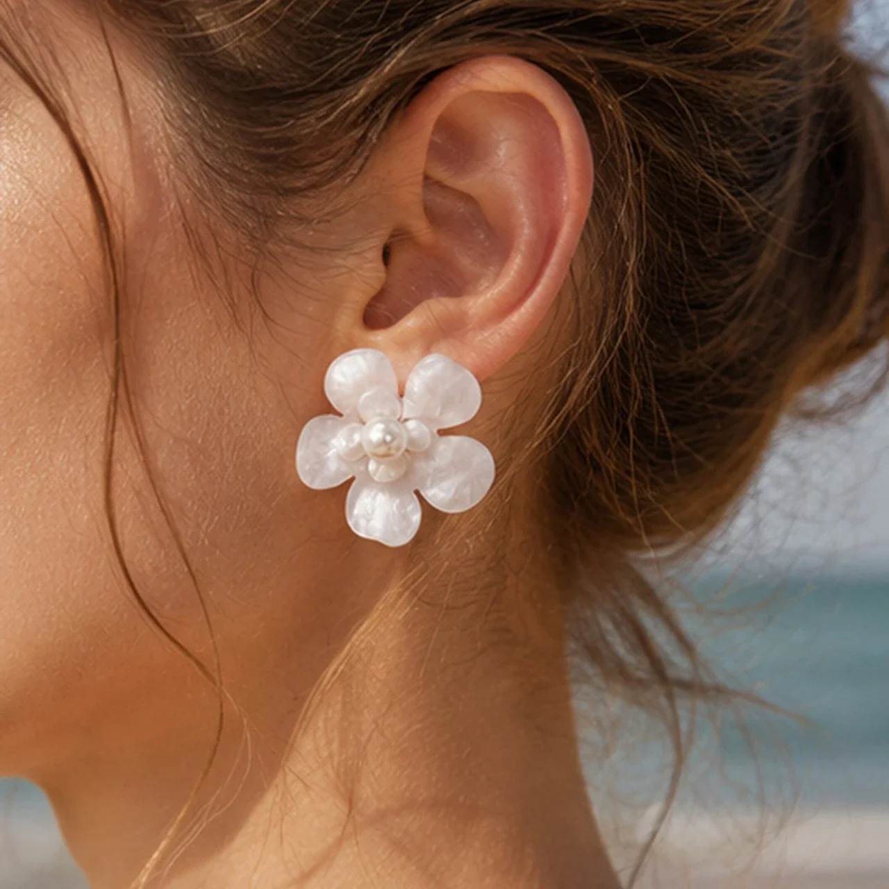 Translucent Resin Five-Petal Pearl-Effect Stud Earrings