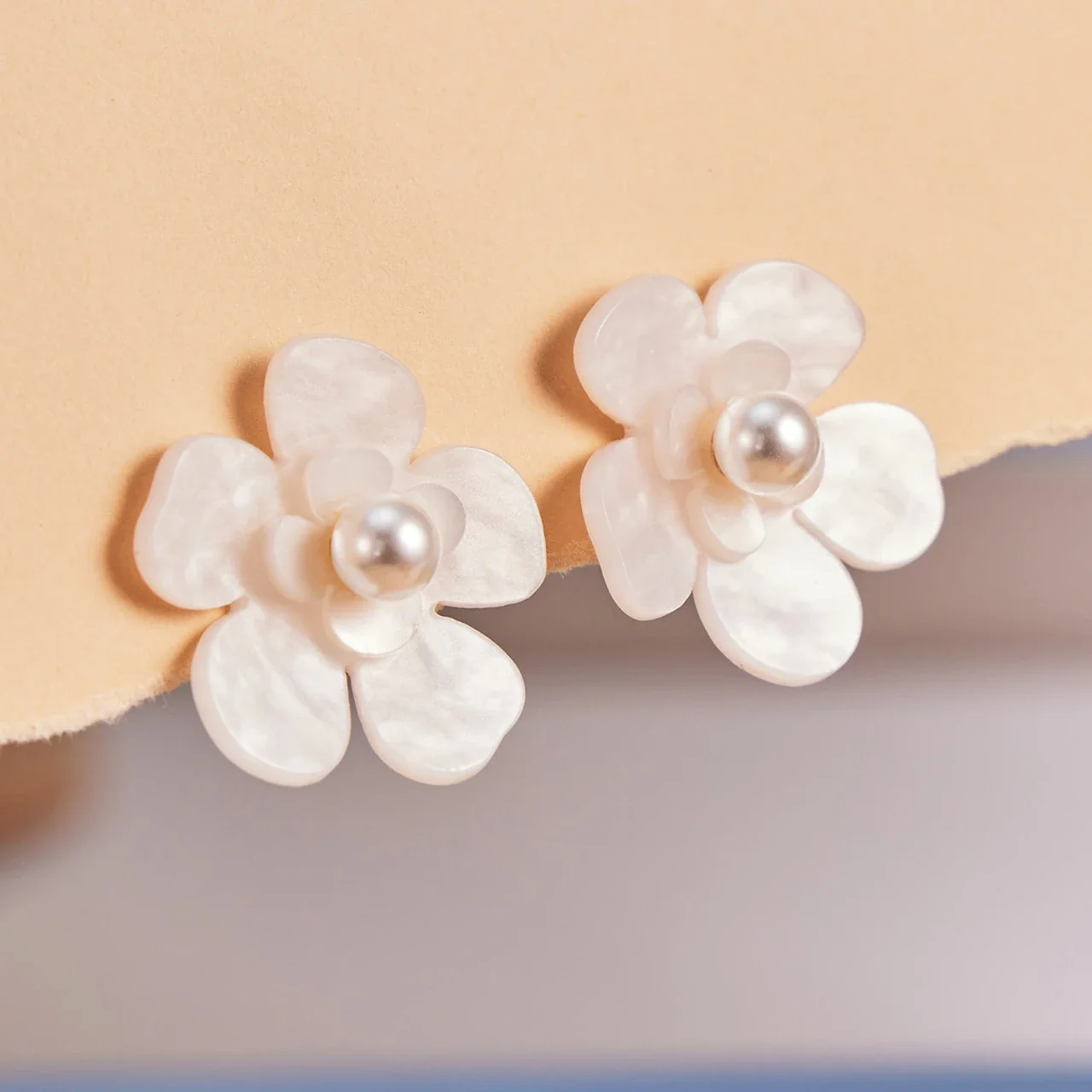 Translucent Resin Five-Petal Pearl-Effect Stud Earrings