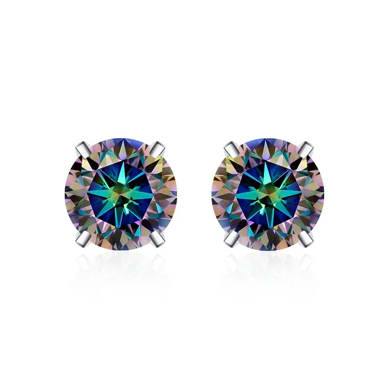 Brilliant 925 Sterling Silver Round Four-Prong Stud Earrings - Four-Prong Stud - Iridescent Blue