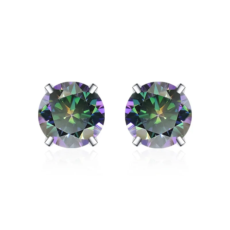 Brilliant 925 Sterling Silver Round Four-Prong Stud Earrings - Four-Prong Stud - Iridescent Green