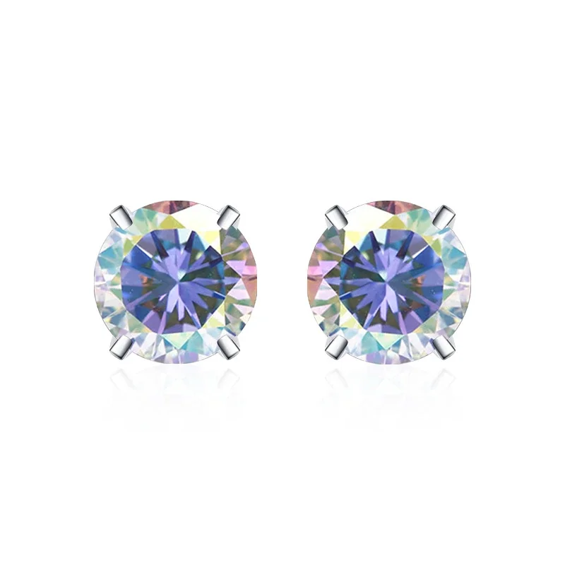 Brilliant 925 Sterling Silver Round Four-Prong Stud Earrings - Four-Prong Stud - Iridescent