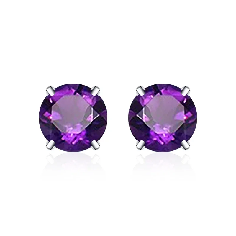 Brilliant 925 Sterling Silver Round Four-Prong Stud Earrings - Four-Prong Stud - Purple