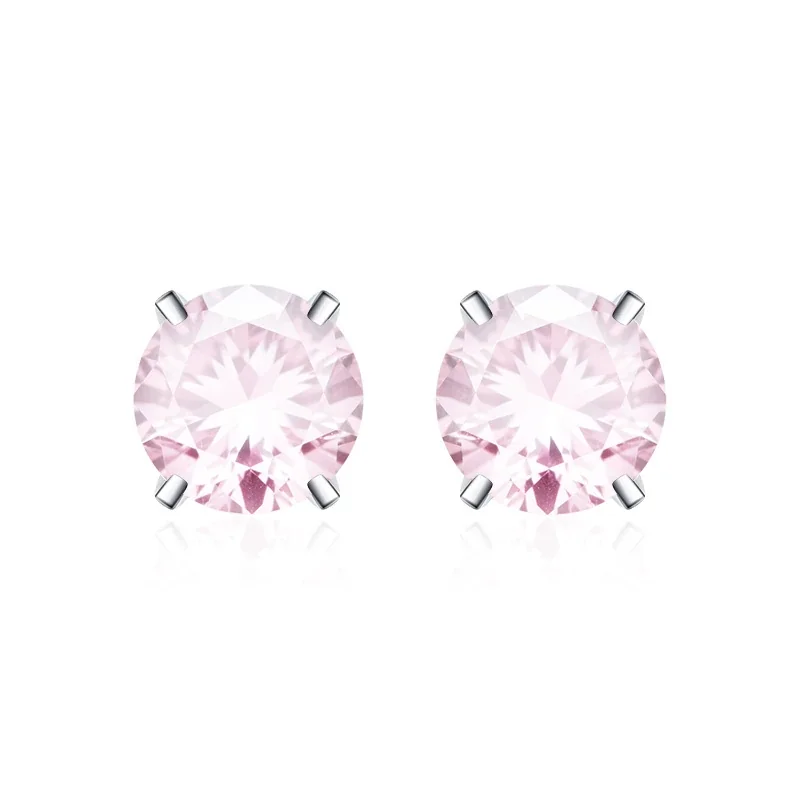 Brilliant 925 Sterling Silver Round Four-Prong Stud Earrings - Four-Prong Stud - Pink