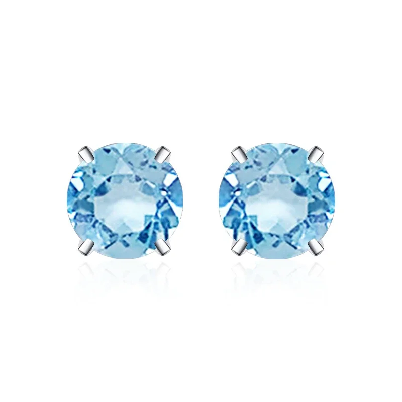 Brilliant 925 Sterling Silver Round Four-Prong Stud Earrings - Four-Prong Stud - Sky Blue
