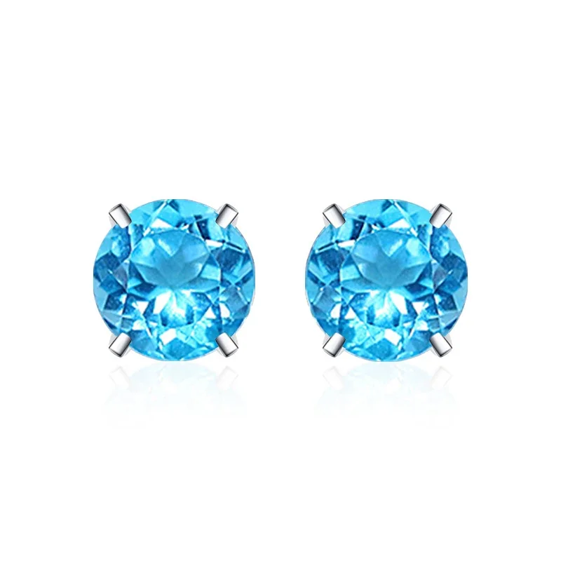 Brilliant 925 Sterling Silver Round Four-Prong Stud Earrings - Four-Prong Stud - Swiss Blue
