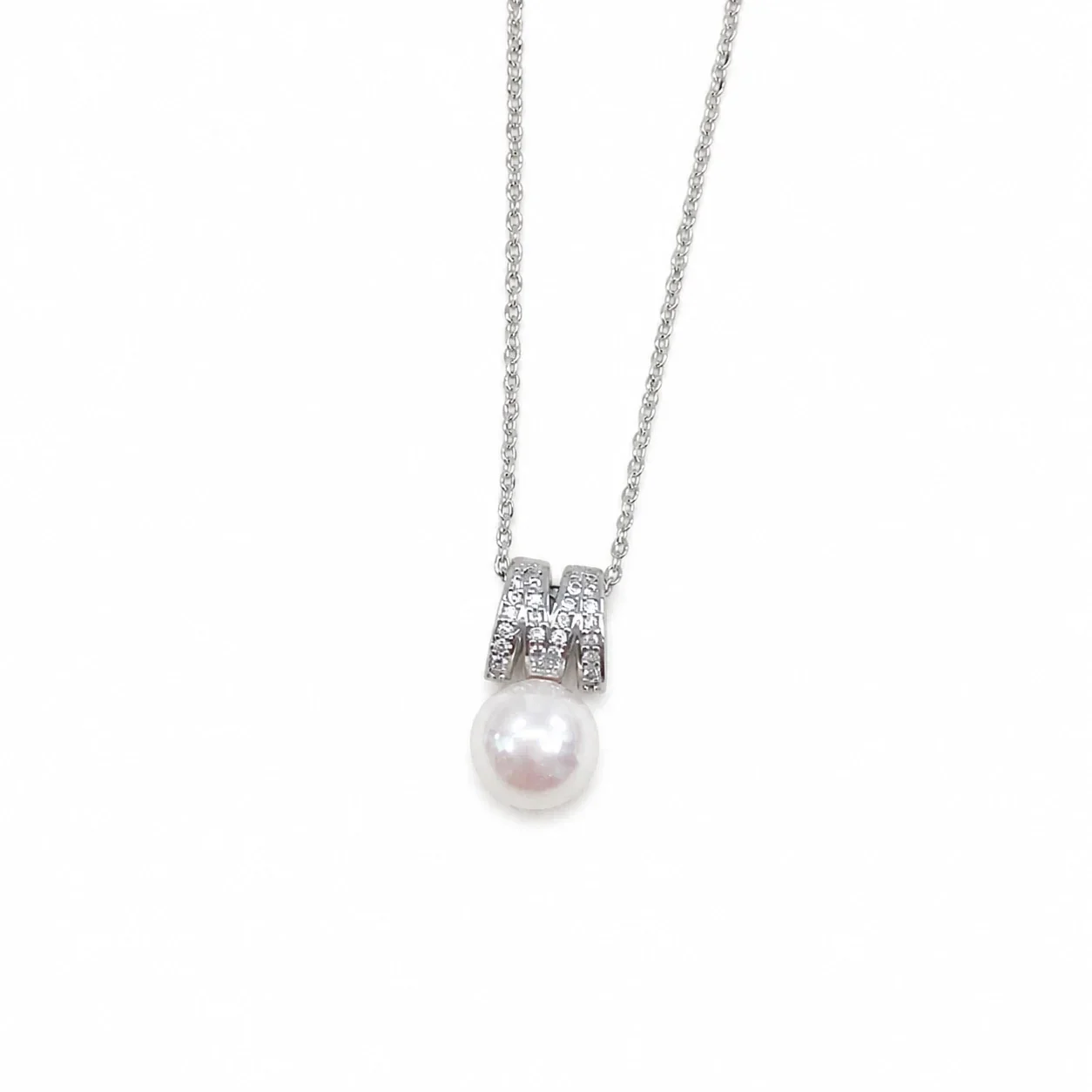 Refined M Initial Pavé Letter Round Pearl Pendant Necklace