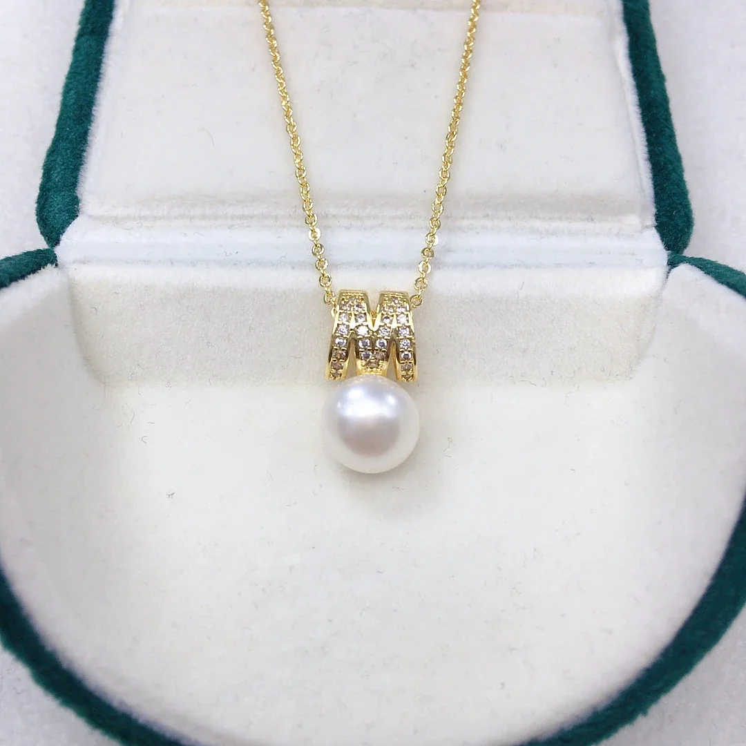 Refined M Initial Pavé Letter Round Pearl Pendant Necklace