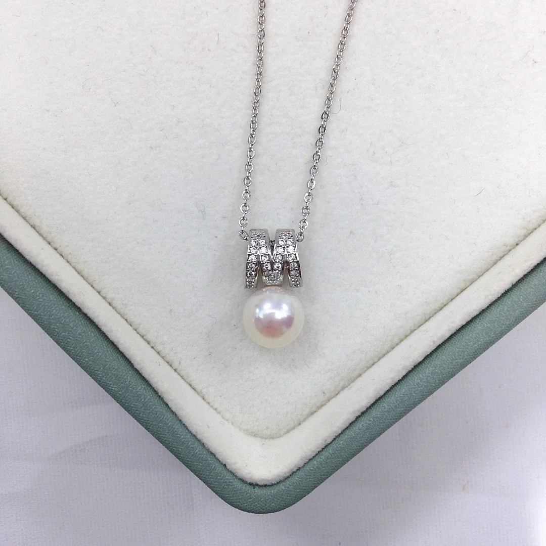 Refined M Initial Pavé Letter Round Pearl Pendant Necklace