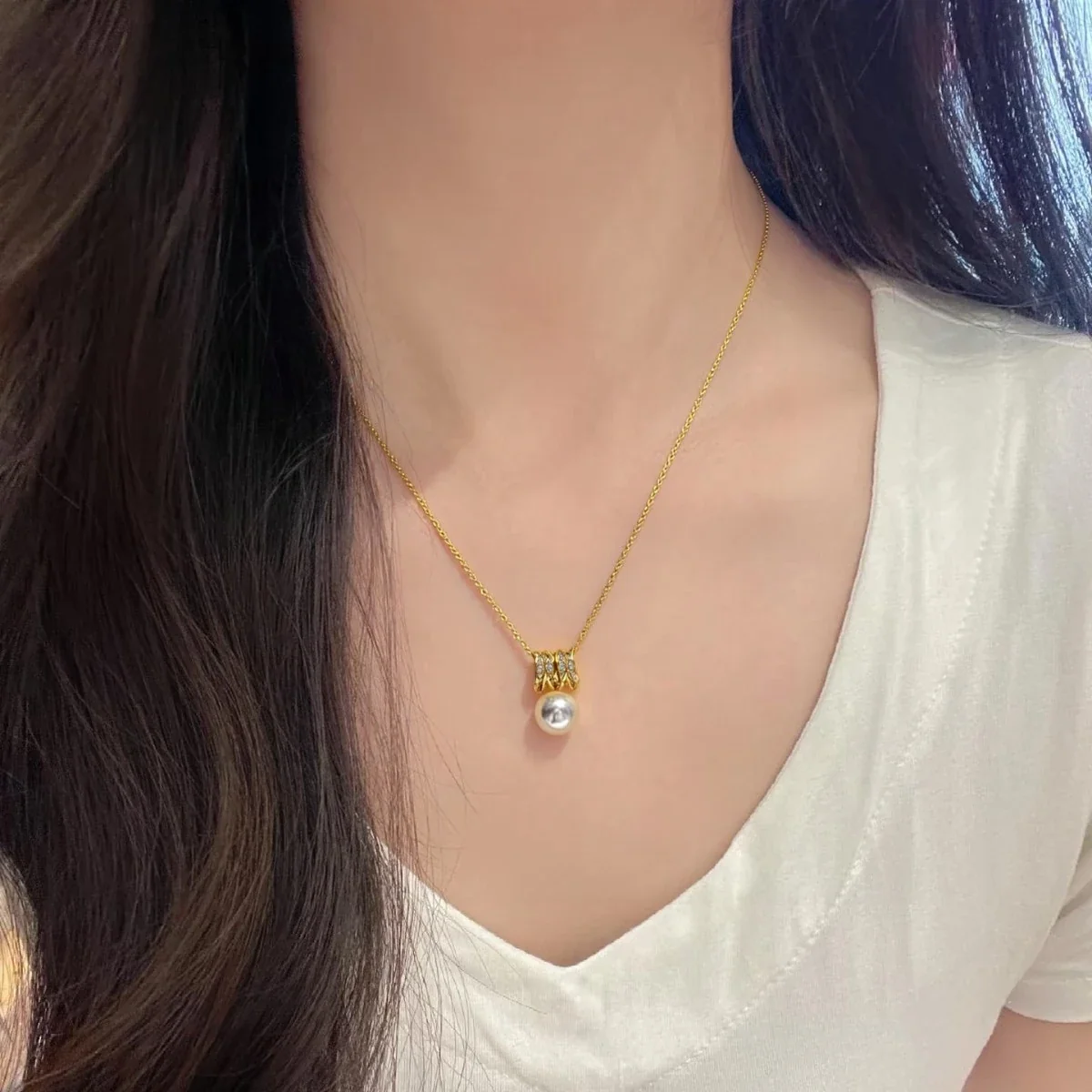 Refined M Initial Pavé Letter Round Pearl Pendant Necklace