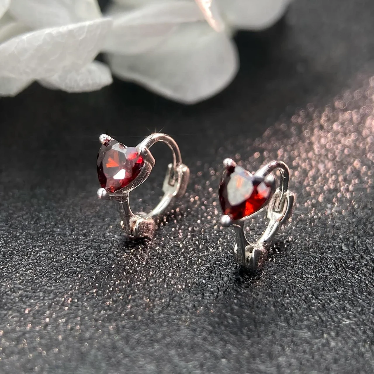Romantic 925 Sterling Silver Red Heart Huggie Hoop Earrings