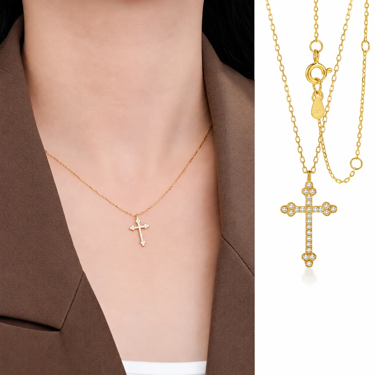 Floral-End Cross Crystal 925 Sterling Silver Necklace