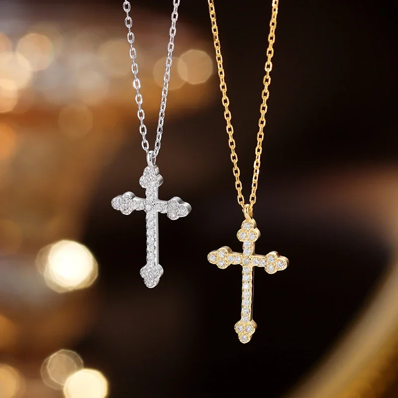 Floral-End Cross Crystal 925 Sterling Silver Necklace