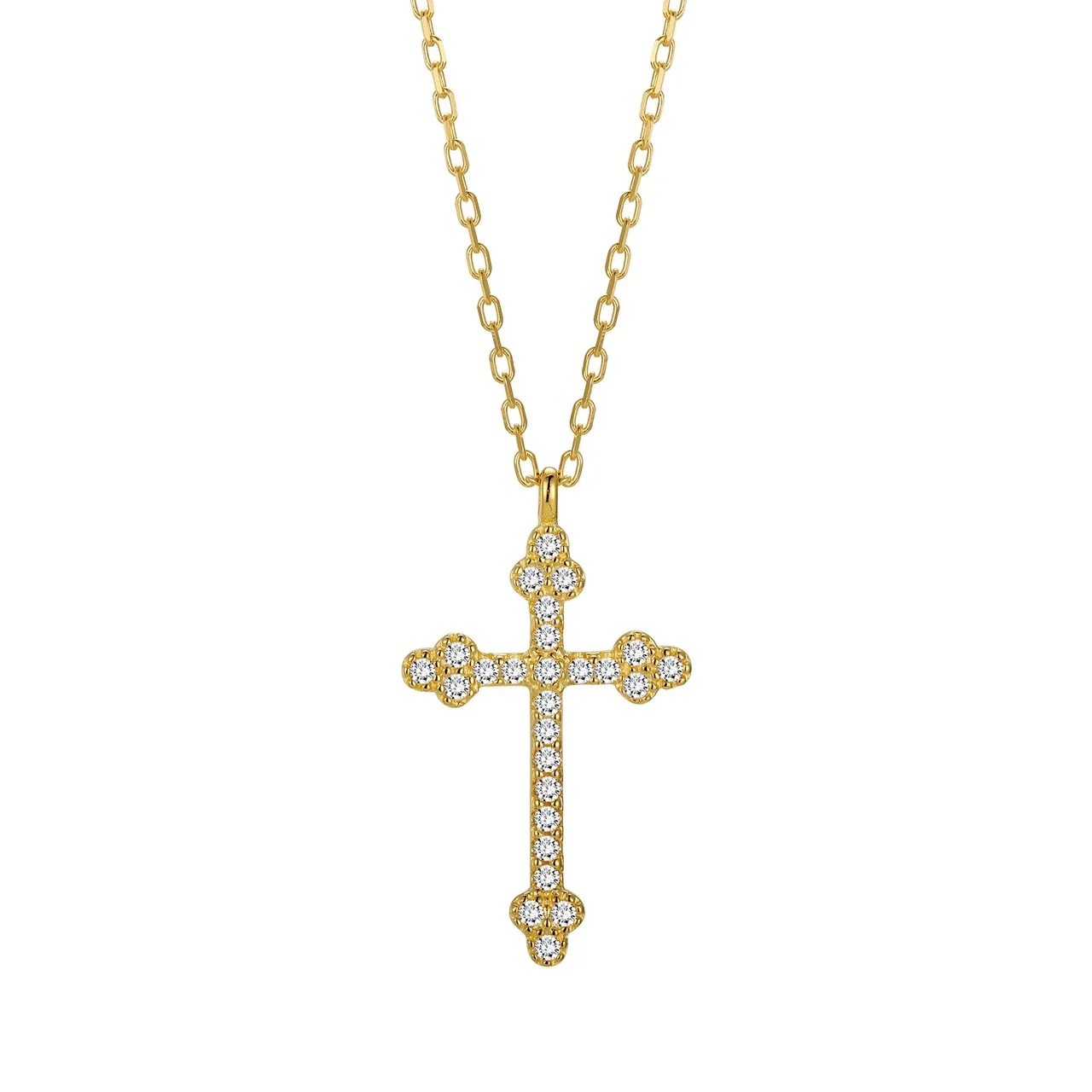 Floral-End Cross Crystal 925 Sterling Silver Necklace - Gold