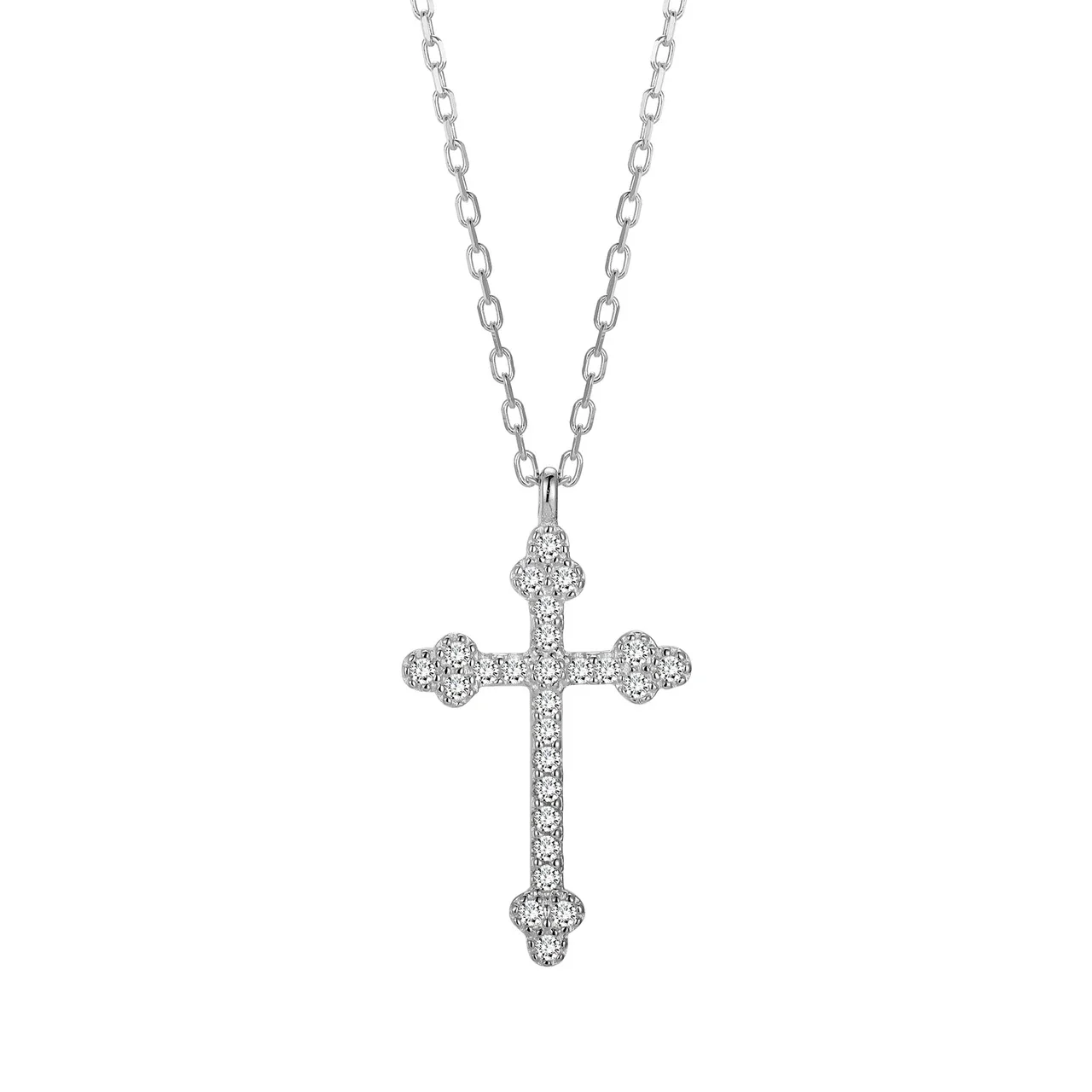 Floral-End Cross Crystal 925 Sterling Silver Necklace - Silver