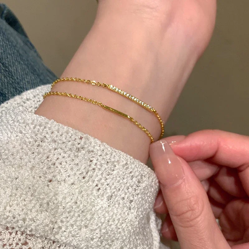 Layered Bar & Pavé Stone 925 Sterling Silver Bracelet