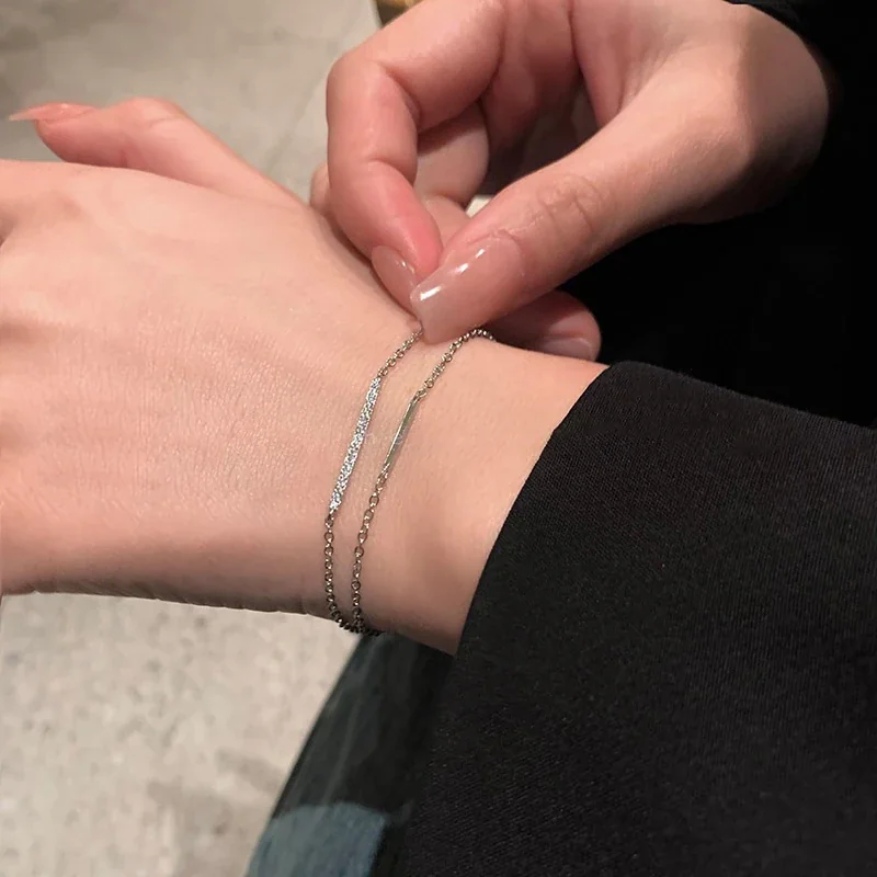Layered Bar & Pavé Stone 925 Sterling Silver Bracelet