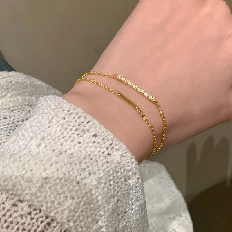 Layered Bar & Pavé Stone 925 Sterling Silver Bracelet - Gold