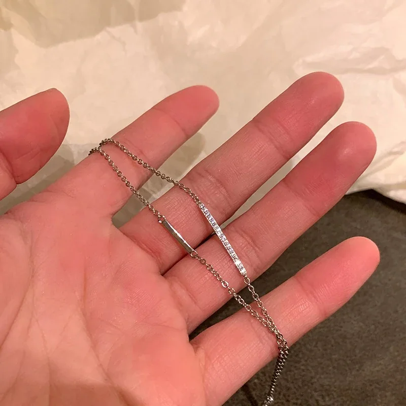 Layered Bar & Pavé Stone 925 Sterling Silver Bracelet - Silver