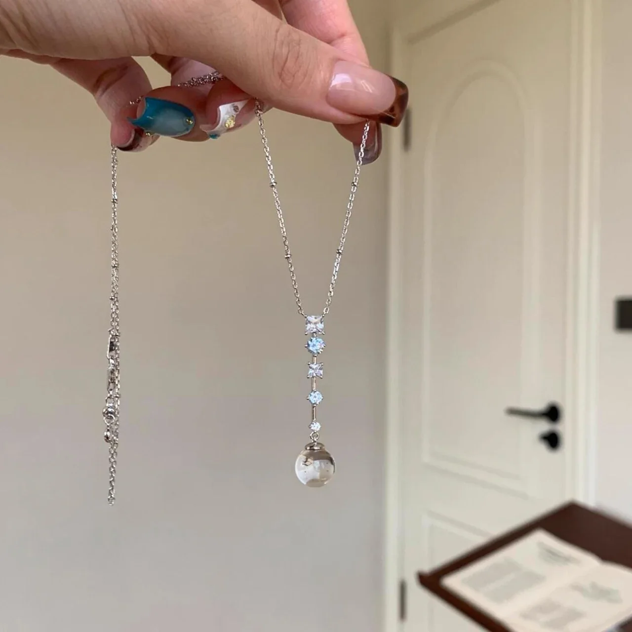 Icy Silver-Plated Crystal Bead Tassel Copper Necklace