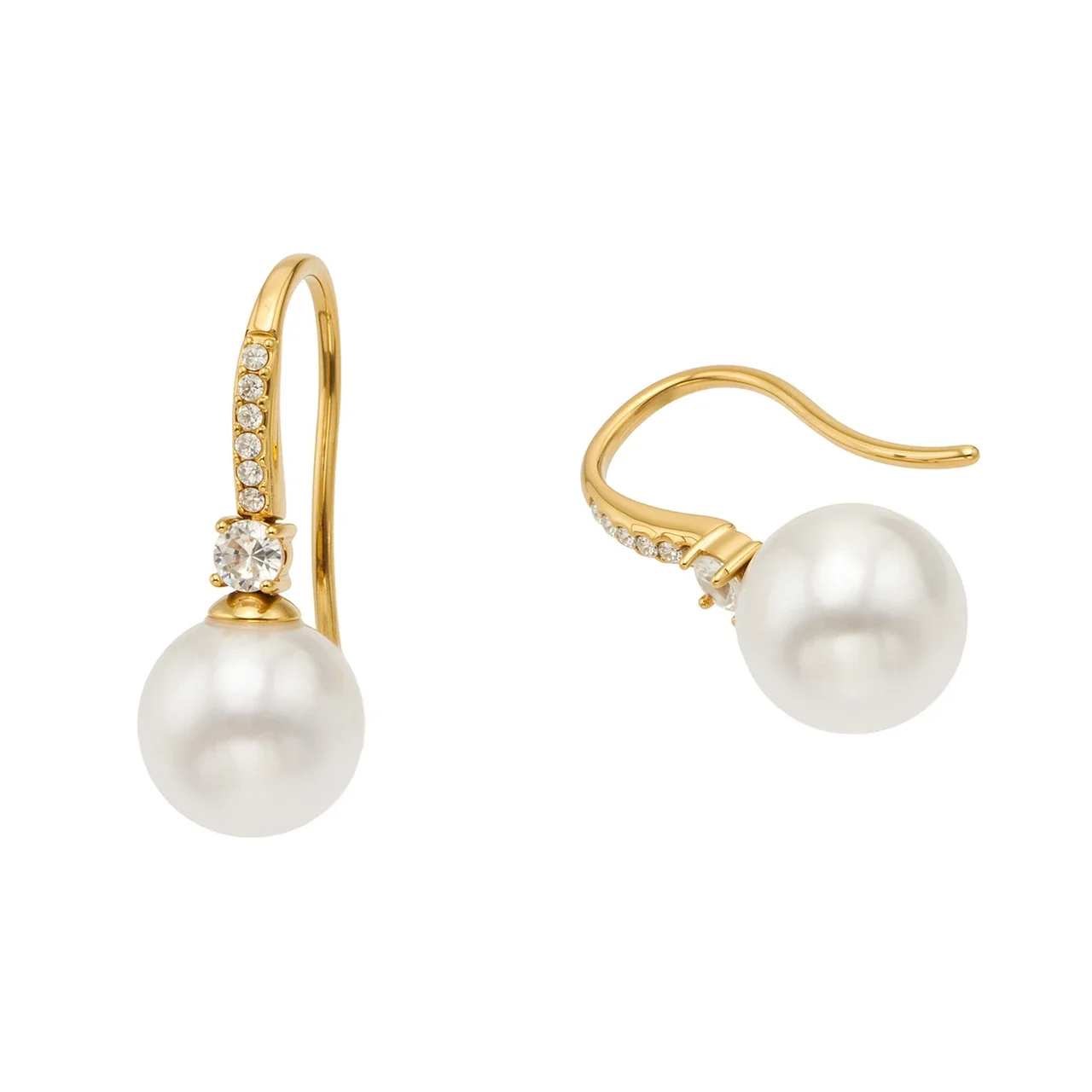 Refined Pavé CZ Shell Pearl Stainless Steel Drop Earrings