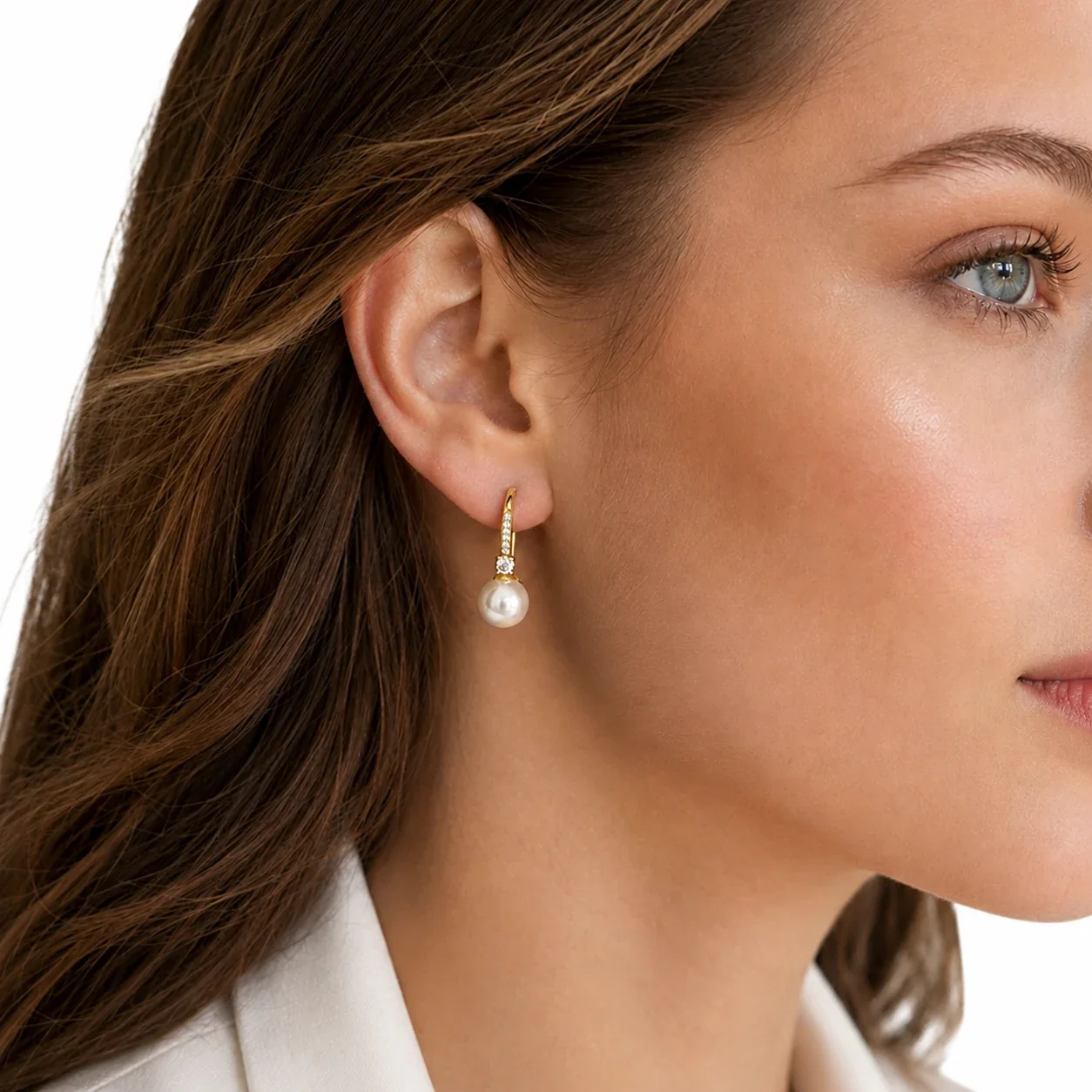 Refined Pavé CZ Shell Pearl Stainless Steel Drop Earrings