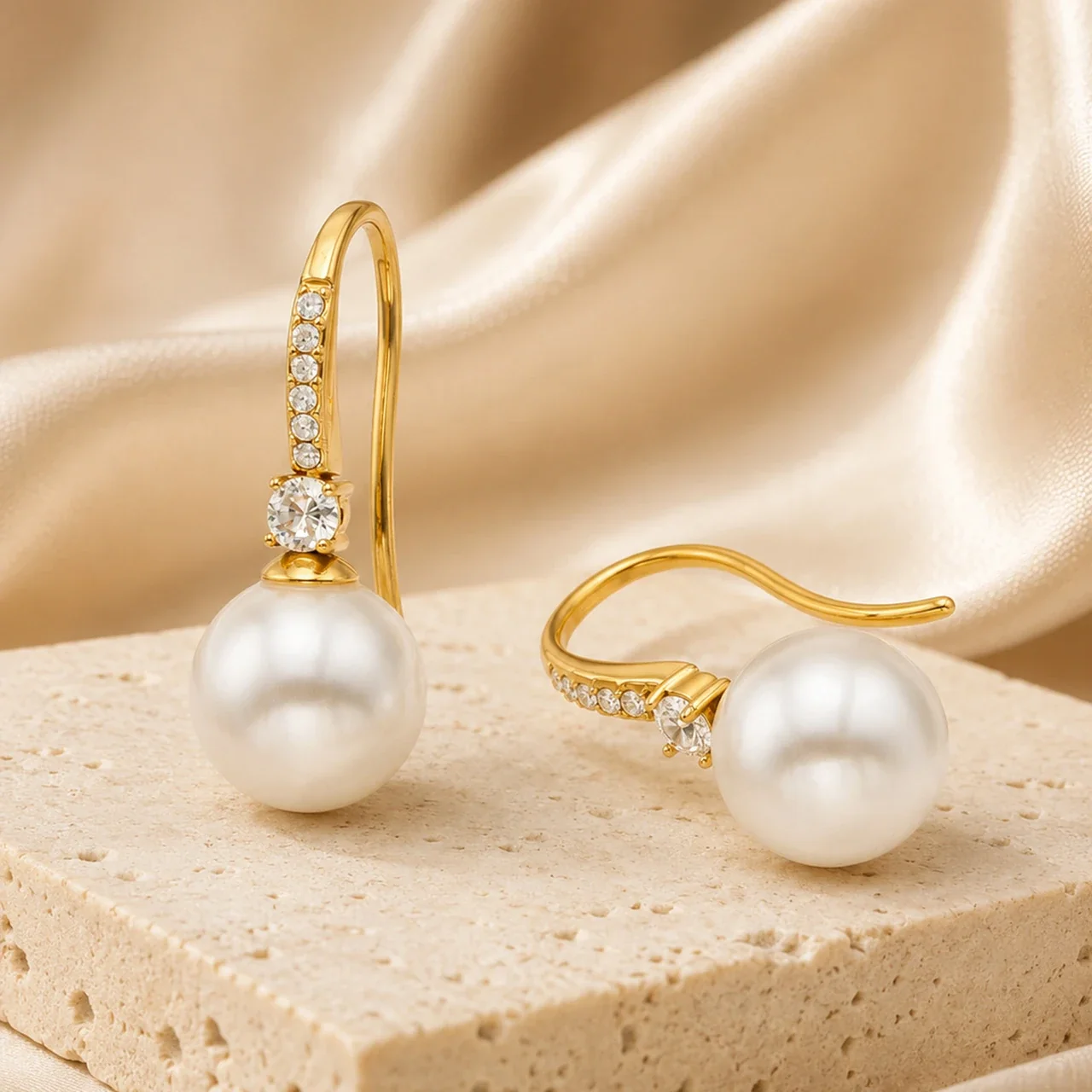 Refined Pavé CZ Shell Pearl Stainless Steel Drop Earrings