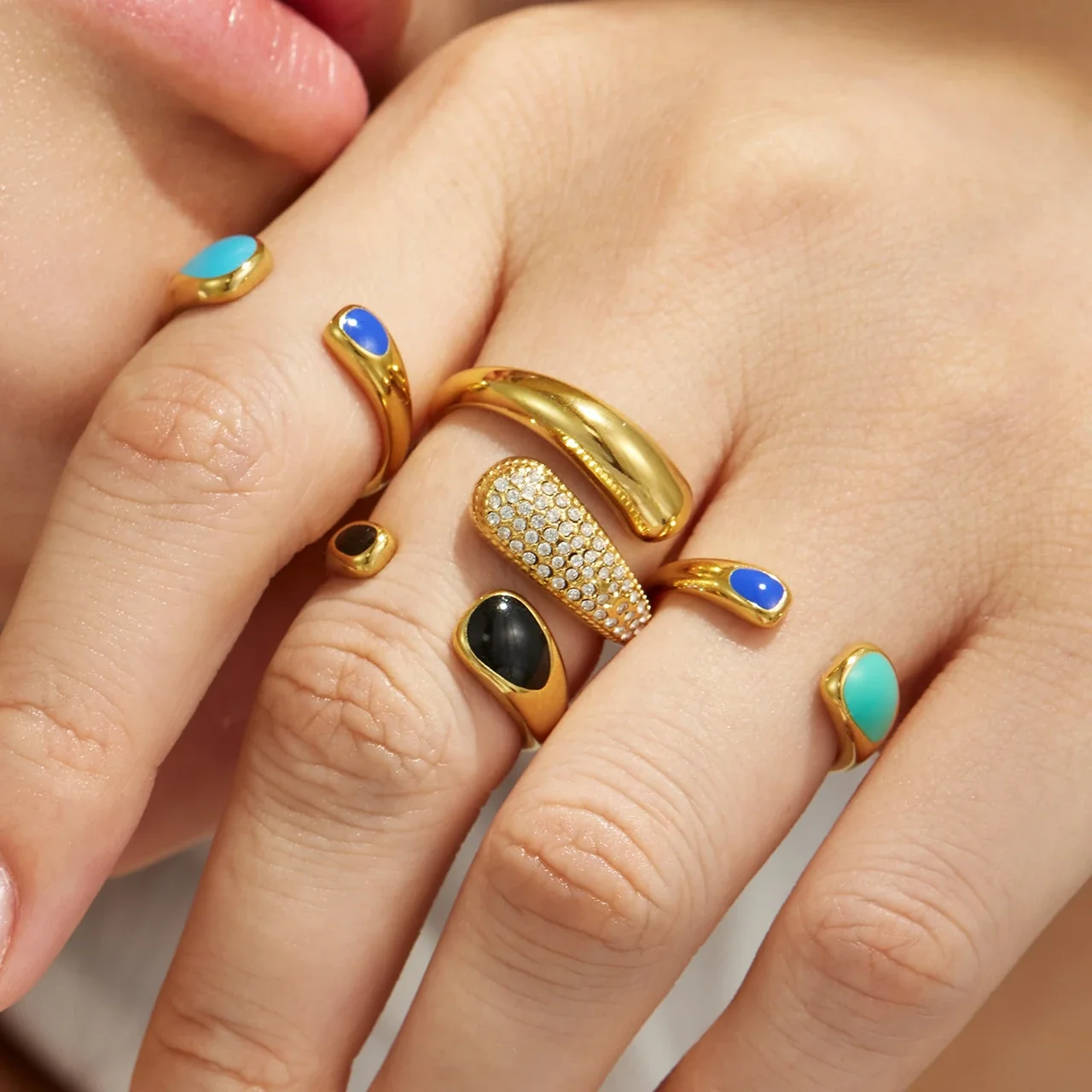 Geometric Stainless Steel Oval Open-Front Ring Set