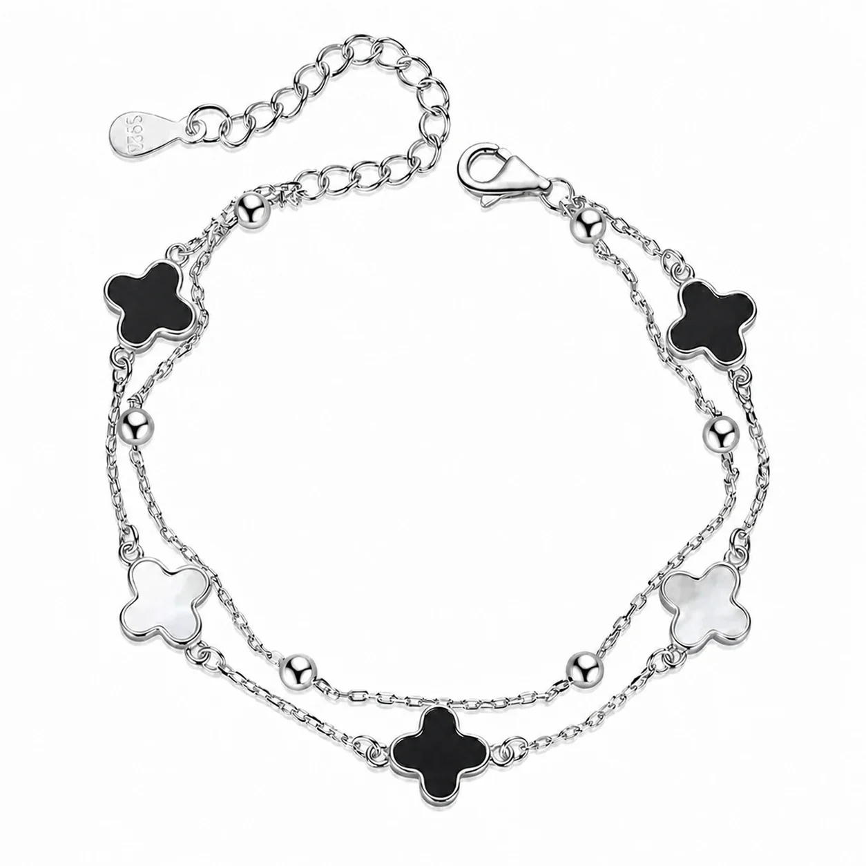 Clover 925 Sterling Silver Double-Chain Bead Bracelet