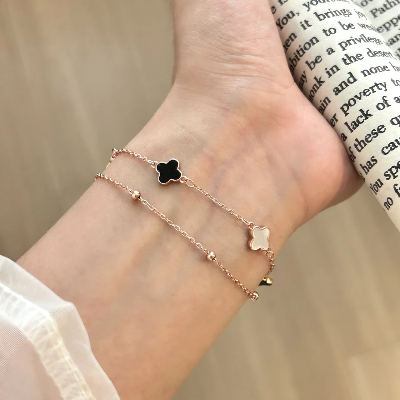 Clover 925 Sterling Silver Double-Chain Bead Bracelet