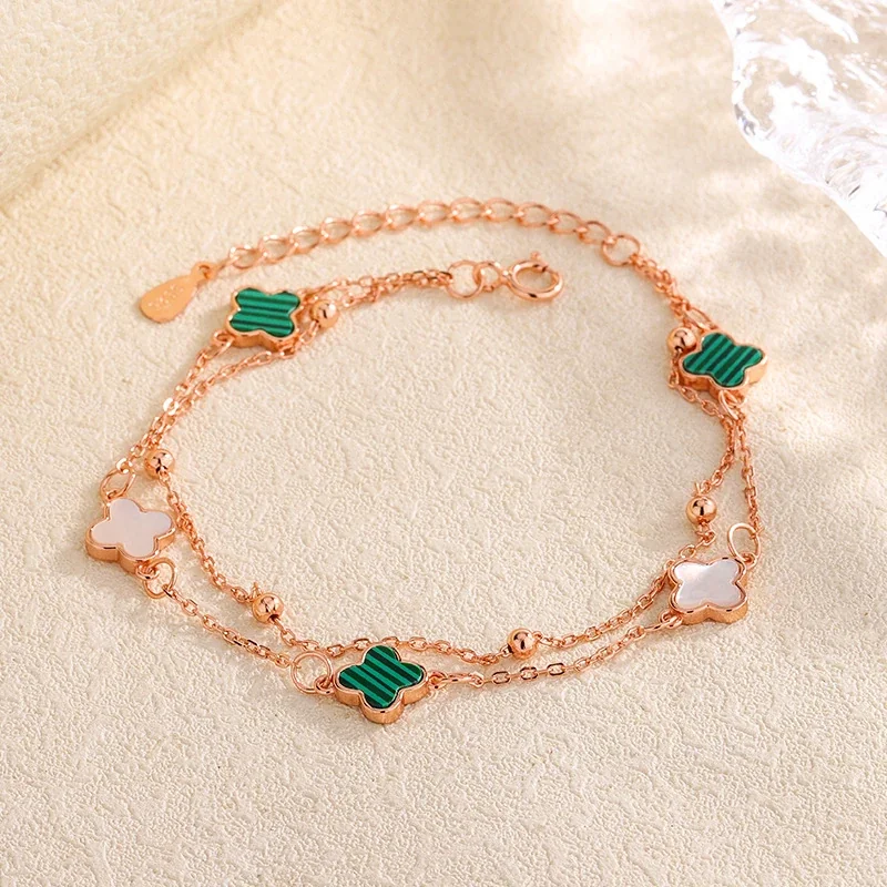 Clover 925 Sterling Silver Double-Chain Bead Bracelet