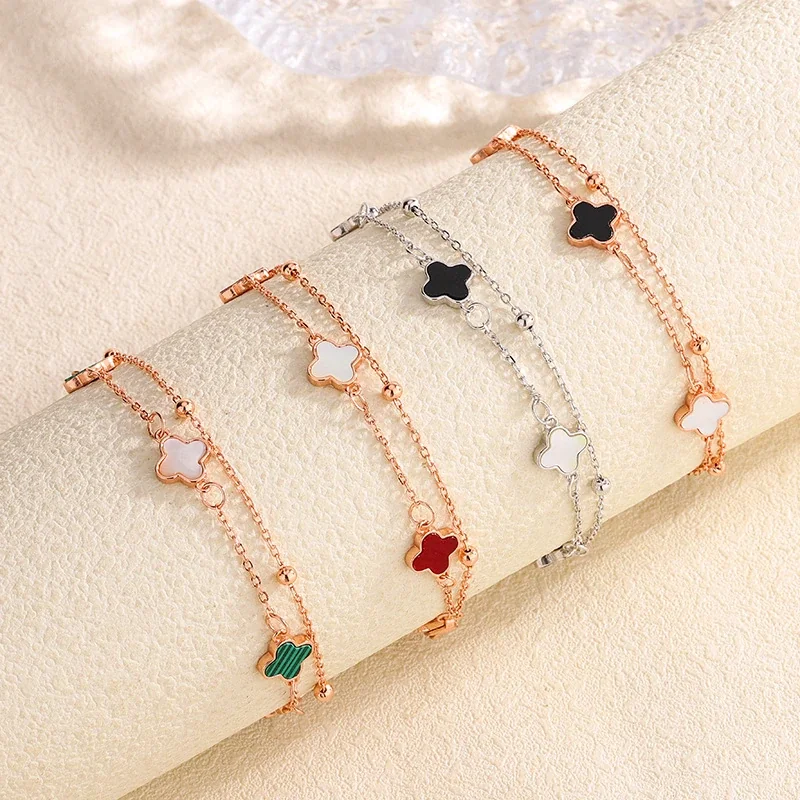 Clover 925 Sterling Silver Double-Chain Bead Bracelet