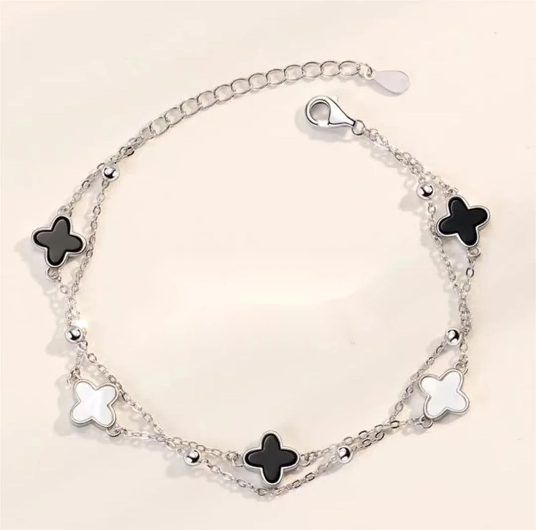 Clover 925 Sterling Silver Double-Chain Bead Bracelet - Silver Black and White Clover