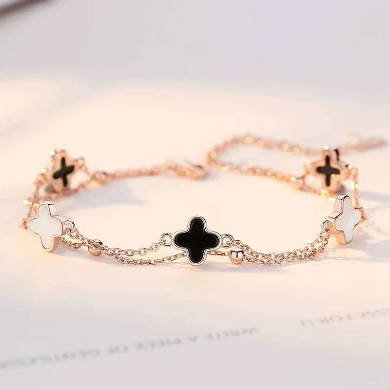 Clover 925 Sterling Silver Double-Chain Bead Bracelet - Rose Gold Black and White Clover