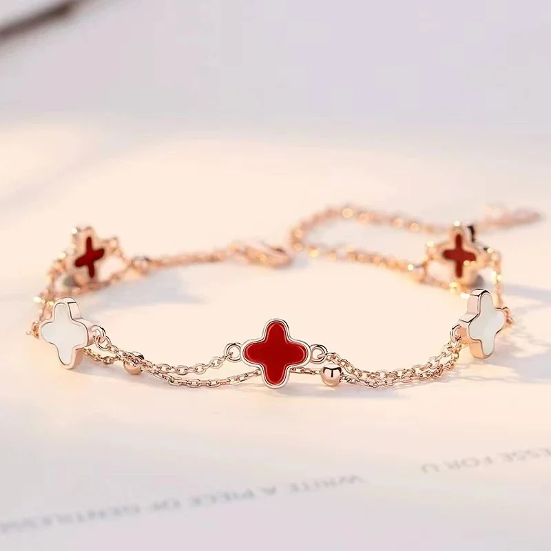 Clover 925 Sterling Silver Double-Chain Bead Bracelet - Rose Gold Red and White Clover