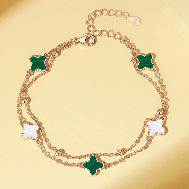 Clover 925 Sterling Silver Double-Chain Bead Bracelet - Rose Gold Green and White Clover