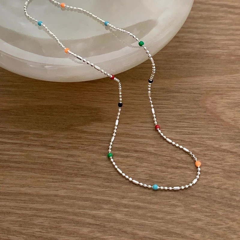 Playful 925 sterling silver Color-Bead Bar-Link Necklace