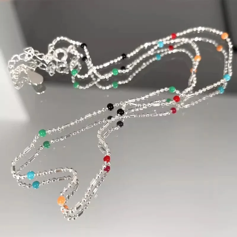 Playful 925 sterling silver Color-Bead Bar-Link Necklace