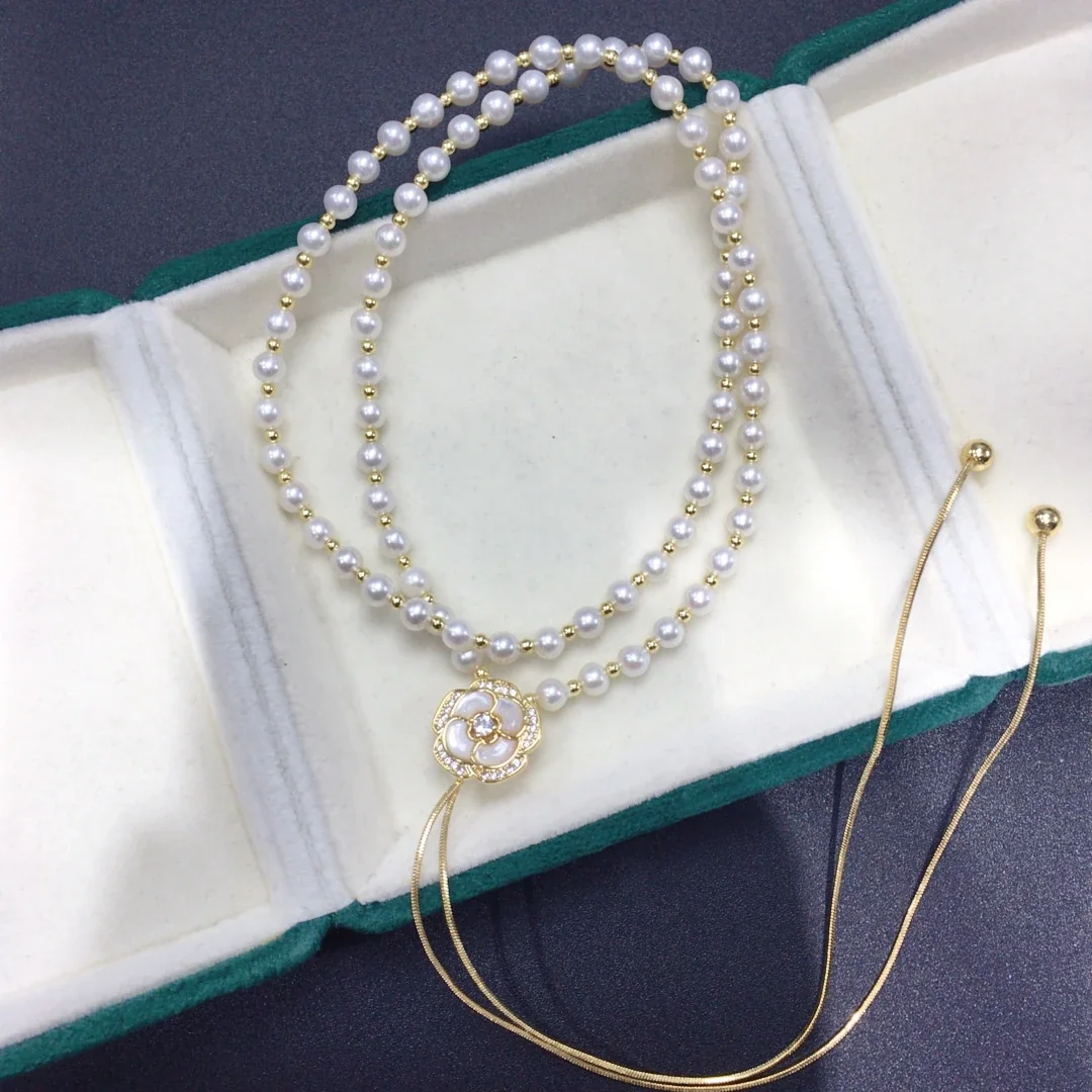 Adjustable Camellia Pearl Bead Snake Chain Necklace