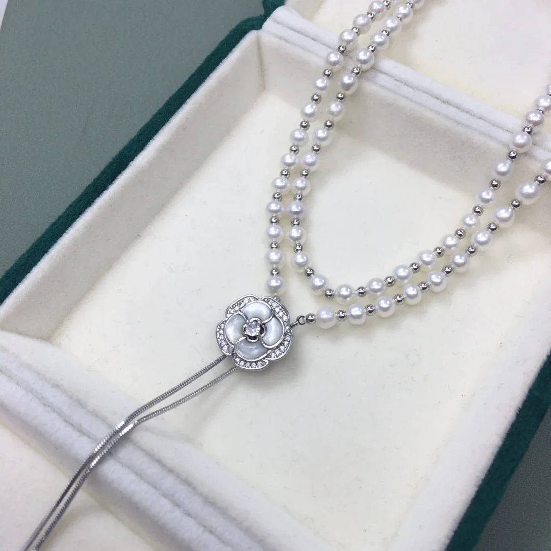 Adjustable Camellia Pearl Bead Snake Chain Necklace
