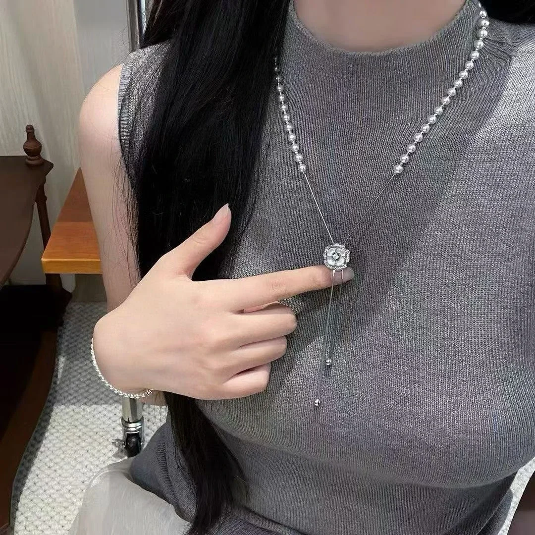 Adjustable Camellia Pearl Bead Snake Chain Necklace