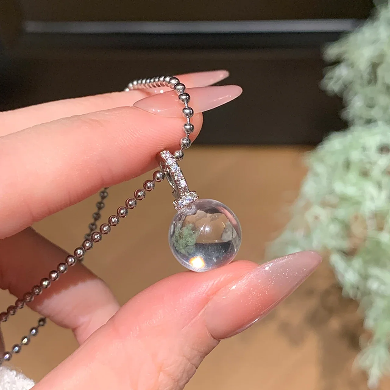 Luminous Crystal Round Pendant Ball Chain Necklace - Silver