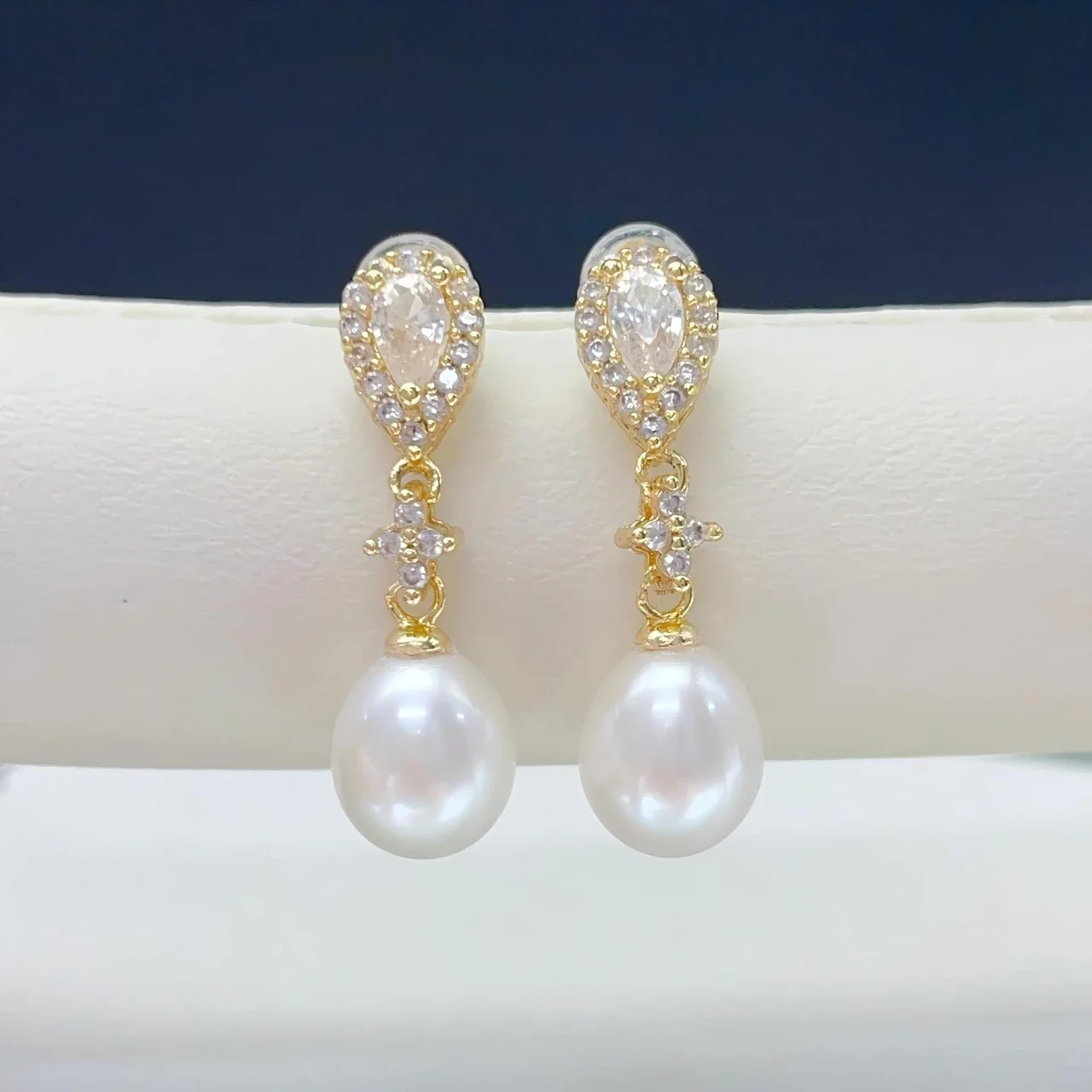 Lustrous Teardrop Freshwater Pearl Pavé Drop Earrings