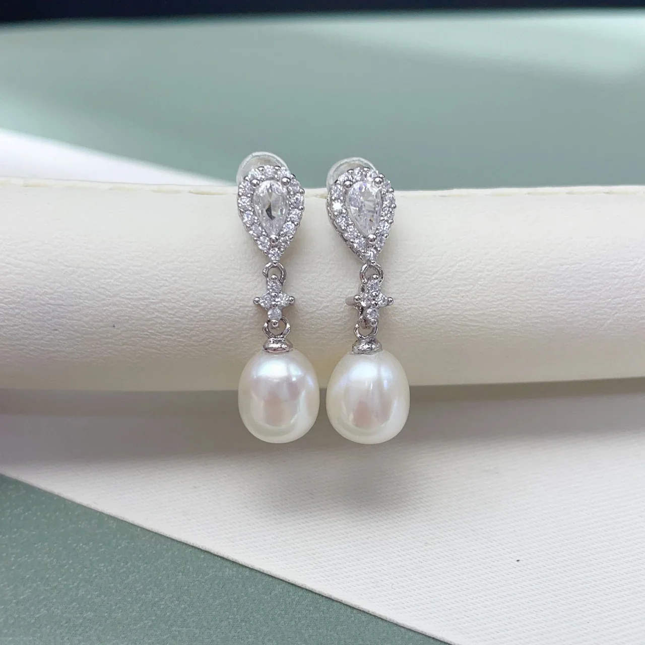 Lustrous Teardrop Freshwater Pearl Pavé Drop Earrings