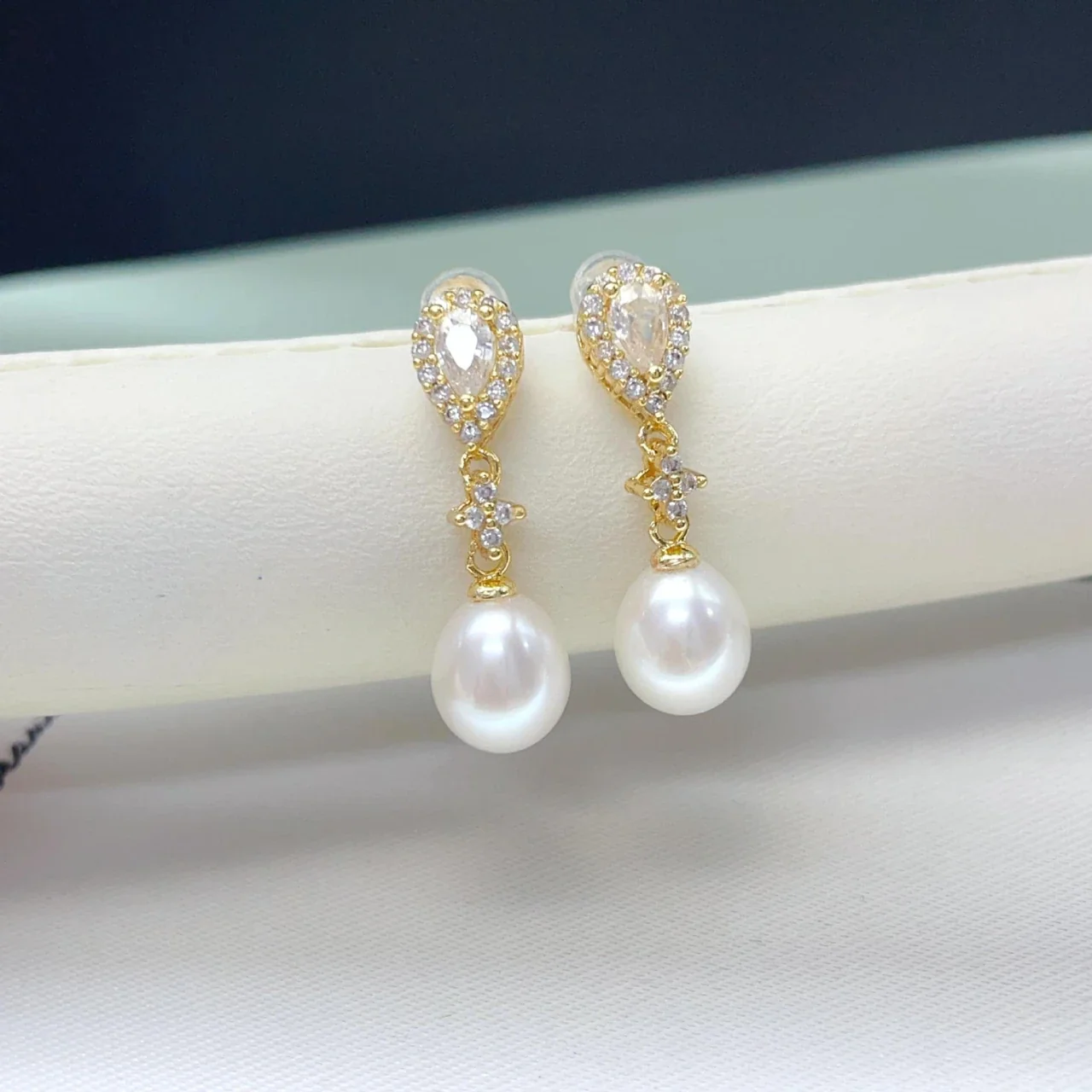 Lustrous Teardrop Freshwater Pearl Pavé Drop Earrings