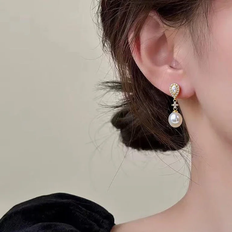 Lustrous Teardrop Freshwater Pearl Pavé Drop Earrings