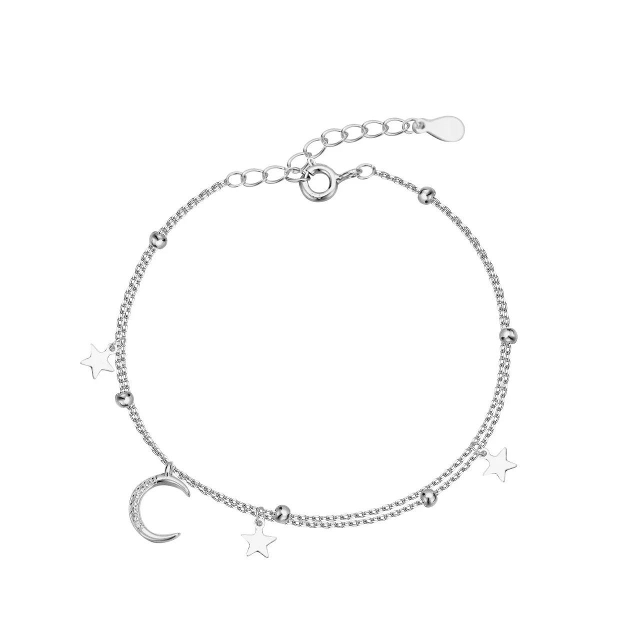 Celestial Double-Chain Moon Star 925 Sterling Silver Bracelet