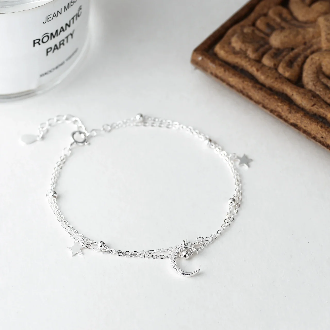 Celestial Double-Chain Moon Star 925 Sterling Silver Bracelet