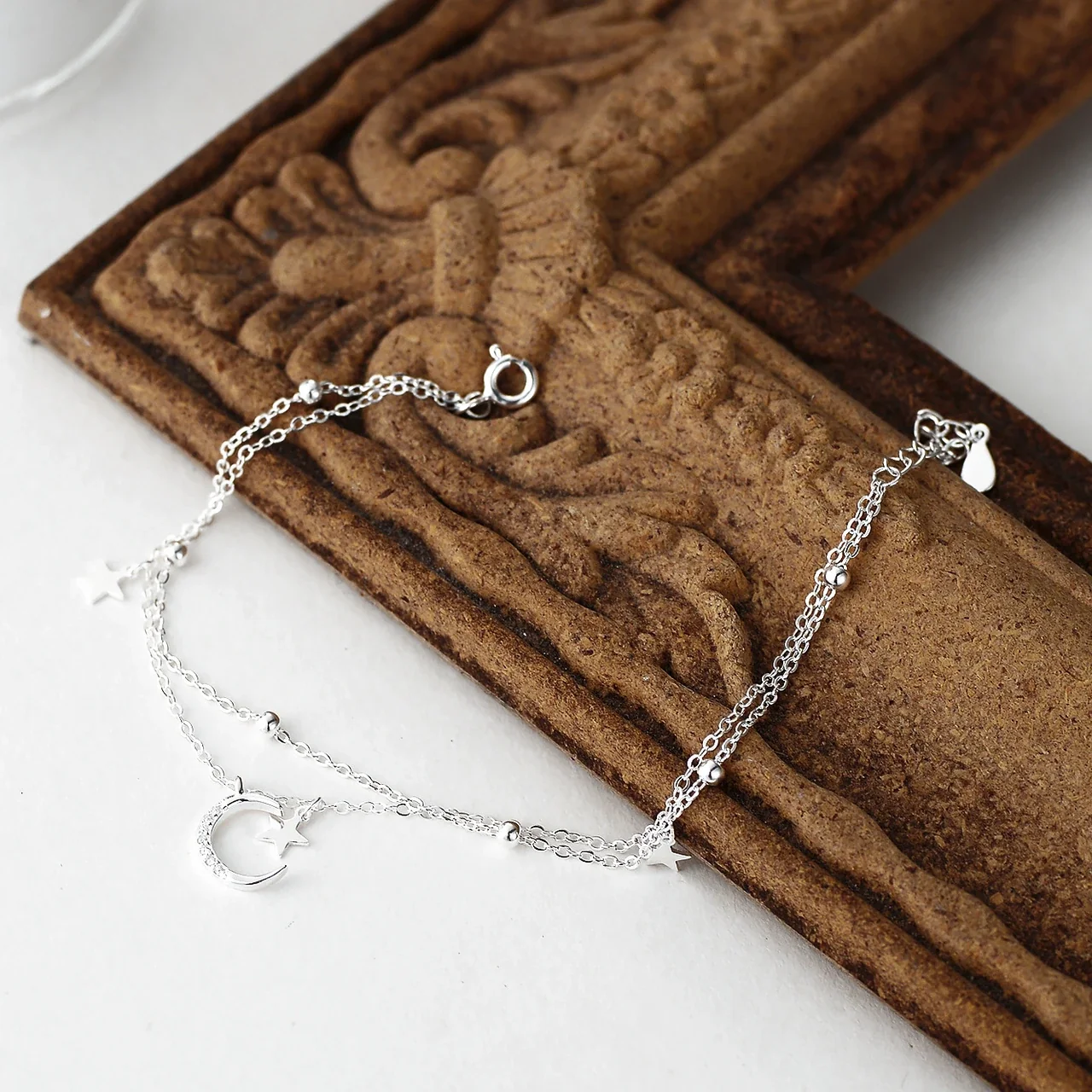 Celestial Double-Chain Moon Star 925 Sterling Silver Bracelet