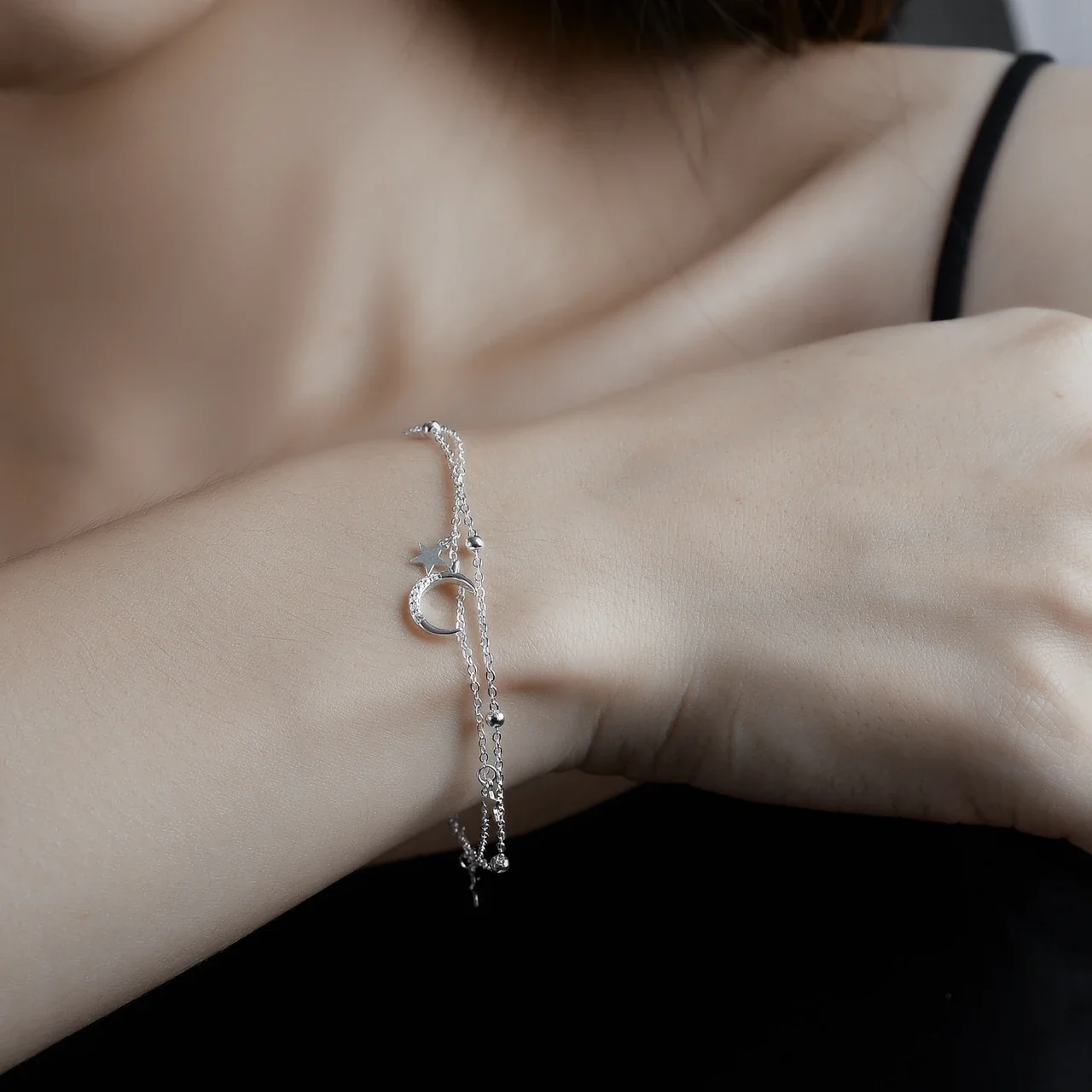 Celestial Double-Chain Moon Star 925 Sterling Silver Bracelet